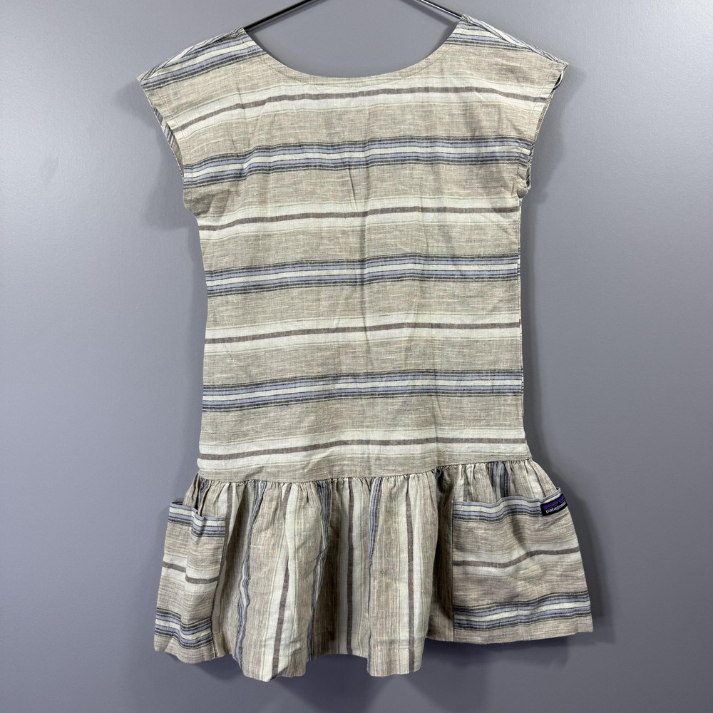 Patagonia Dress Girls Small Beige Striped Ruffle Hem Pocket Sundress Casual